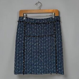 Tory Burch Tweed Pencil Skirt Blue Fringe Trim Knee Length Wool Blend size 4